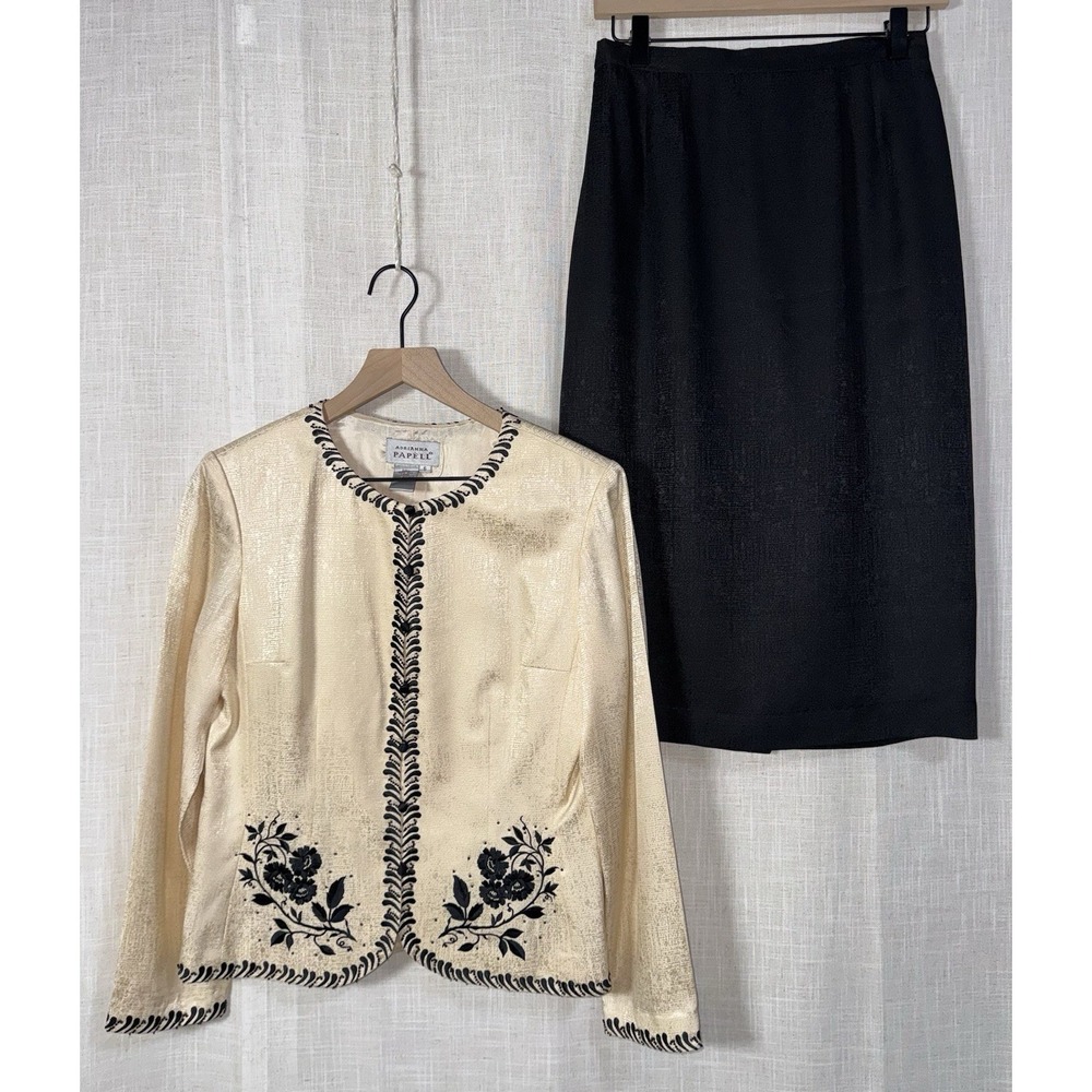 Adrianna Papell 100% Silk Skirt Blazer Suit Set Women's Sz 6 Champagne Black